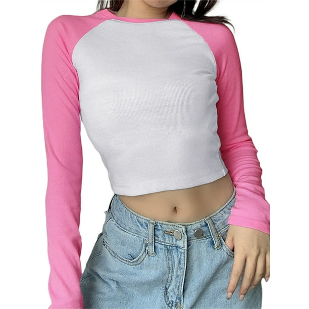 Women Patchwork Crop Top Teen Girls Round Neck Long Sleeve Sweater Jacket Sweatshirt Jumper Pullover 